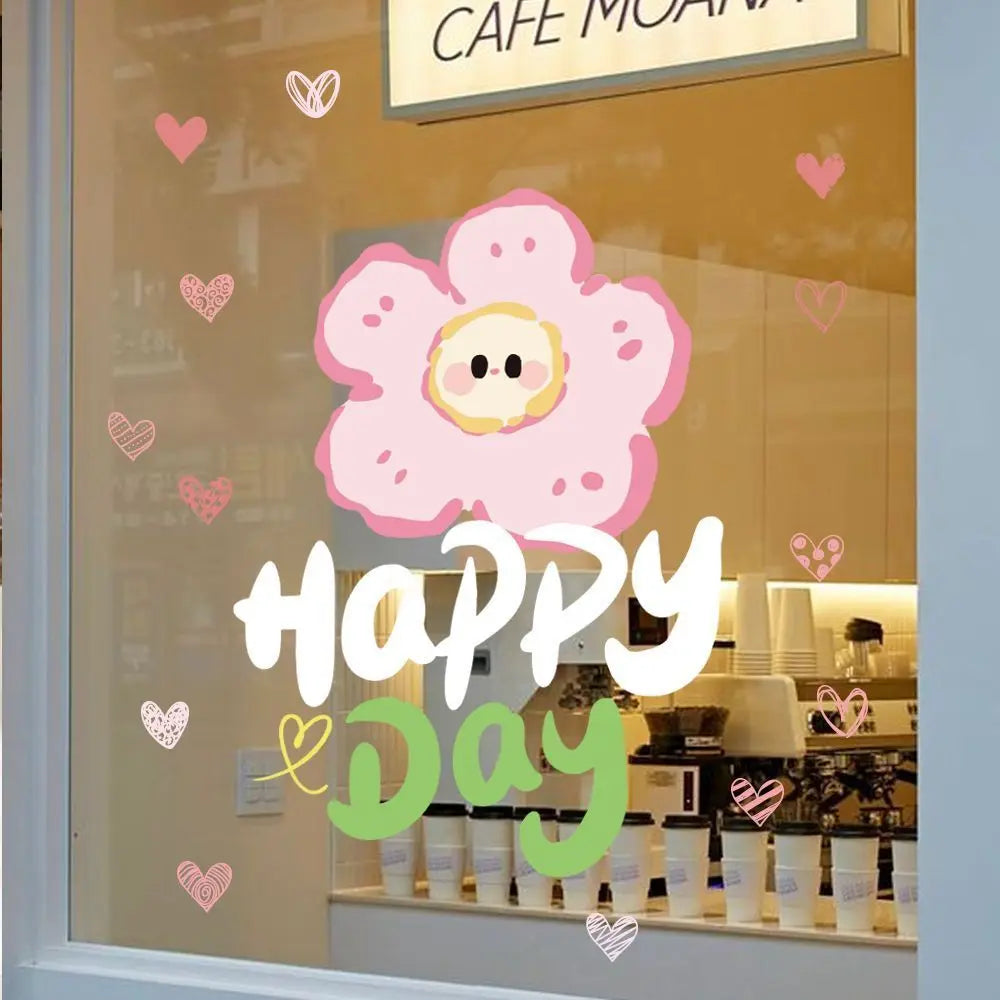 autocollant mural fleurs stylisées happy day dessin animé mignon rose blanc jaune vert pvc