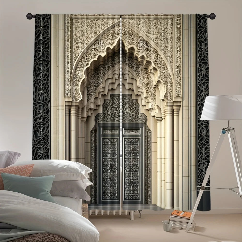 rideaux arc marocain motif architectural beige clair noir gris décoration maison islamique decoration opaque