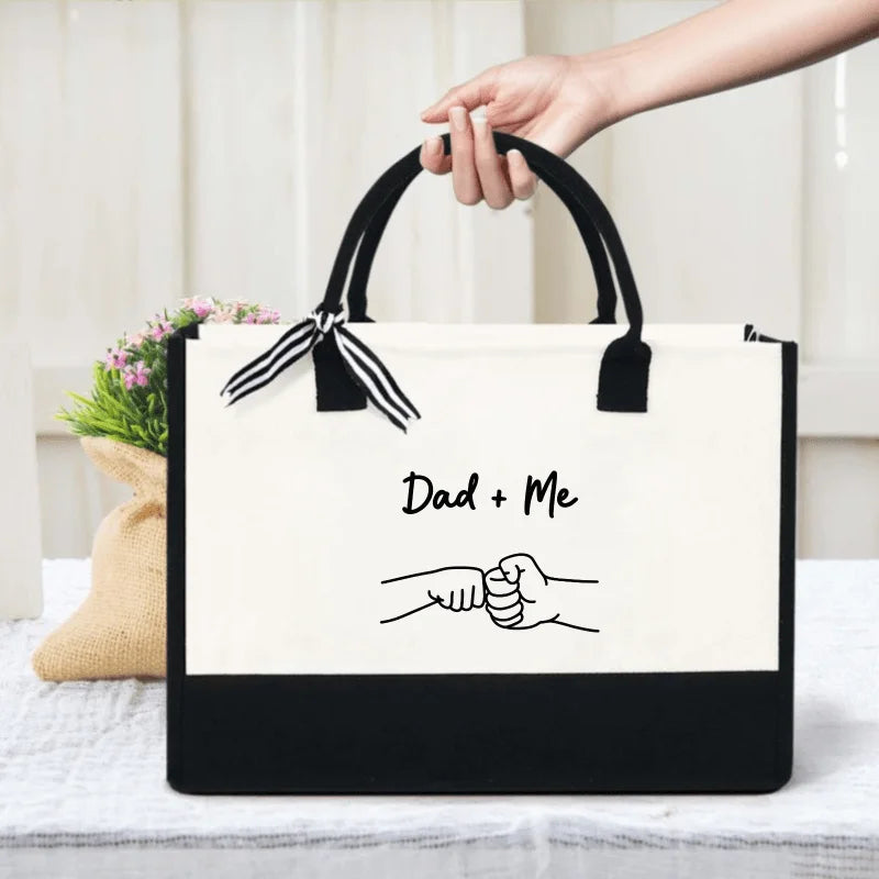 sac main toile beige noir imprimé dad me mains ruban poignées respectueux environnement moderne