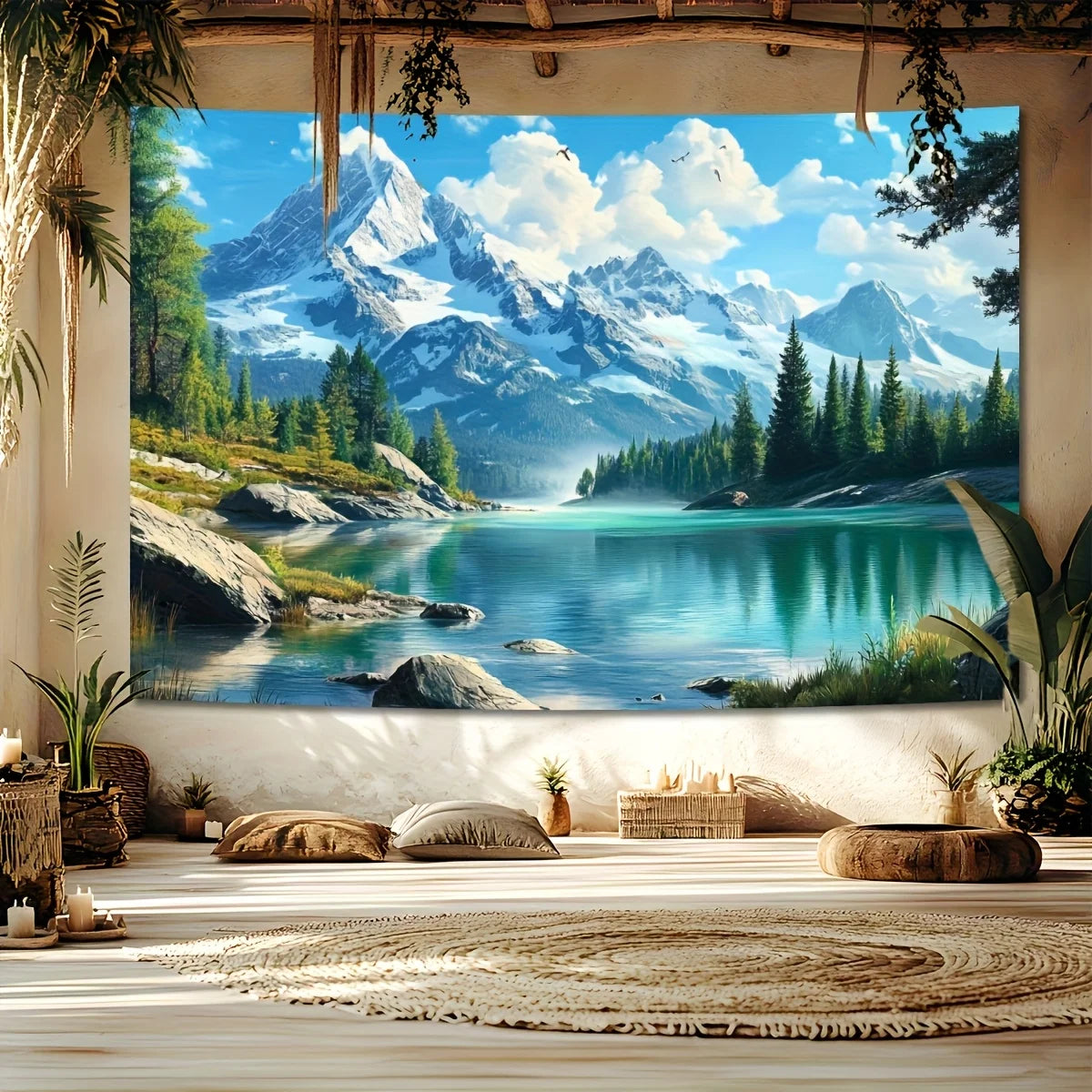 Toile d'art paysage montagneux lac arbres bleu vert blancDecoration intérieure moderne realiste
