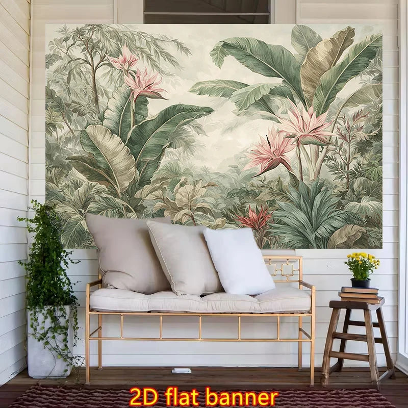 tapisserie murale bannière 2d jardin tropical feuilles bananier fleurs vintage naturelle