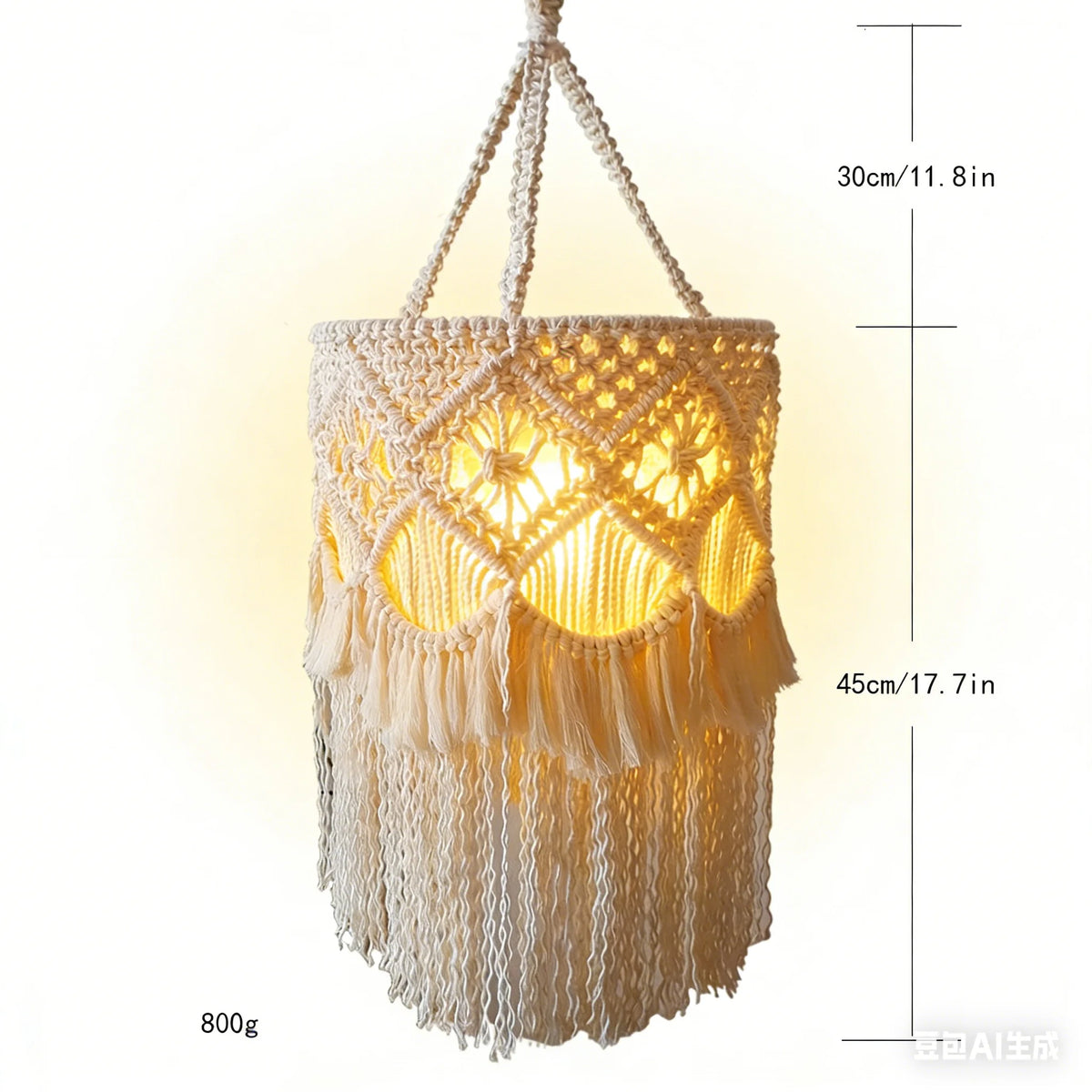lampe suspendue macramé boho franges coton main beige clair décorative artisanale