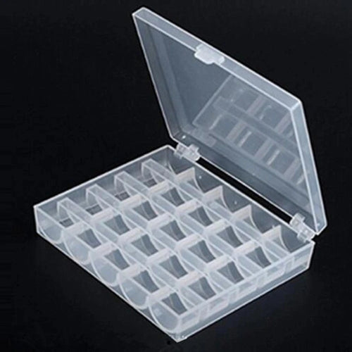 boîte rangement bobines fil transparente 25 compartiments clips pratiques organisation atelier couture