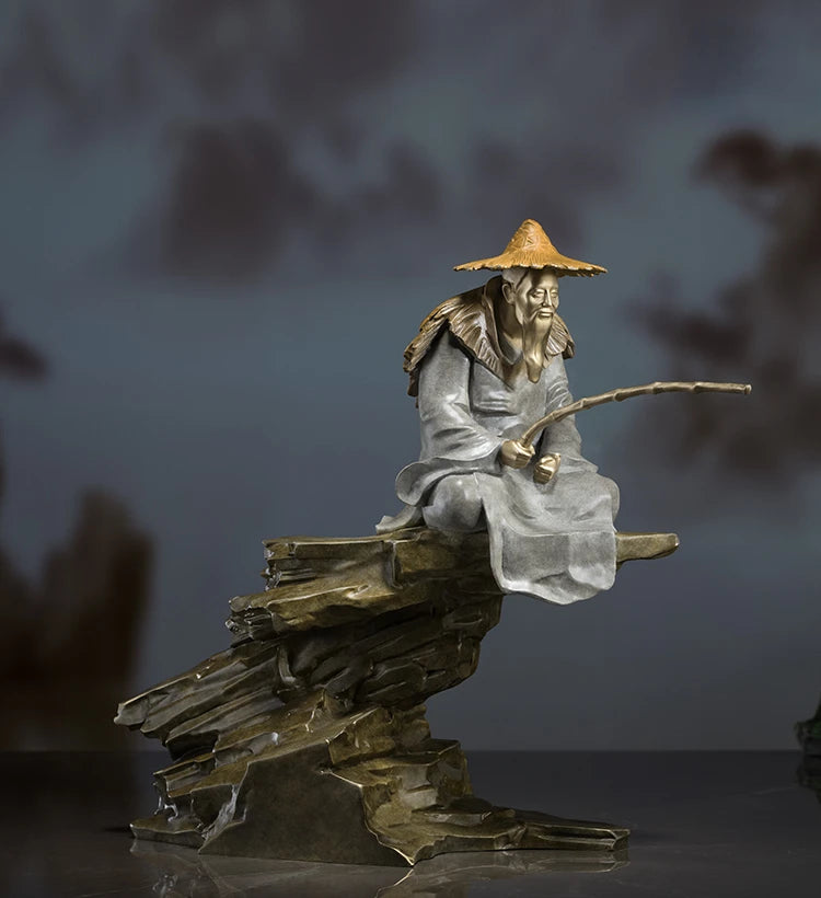 statue chinoise vieil homme canne pêche métal laiton salon chambre traditionnelle asiatique