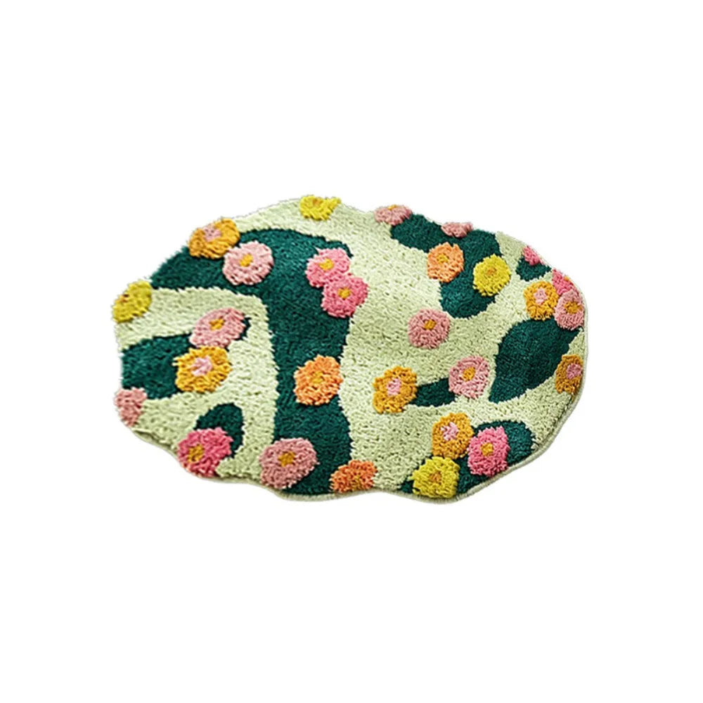tapis bain pelucheux motif fleurs vert blanc jaune doux salle bain maison