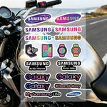 autocollants réfléchissants sécurité moto bleu blanc noir logos samsung modernes minimalistes