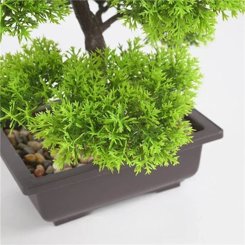ornement décoration extérieur faux bonsaï vert marron zen minimaliste feuillage dense pot galets décoratifsextérieur