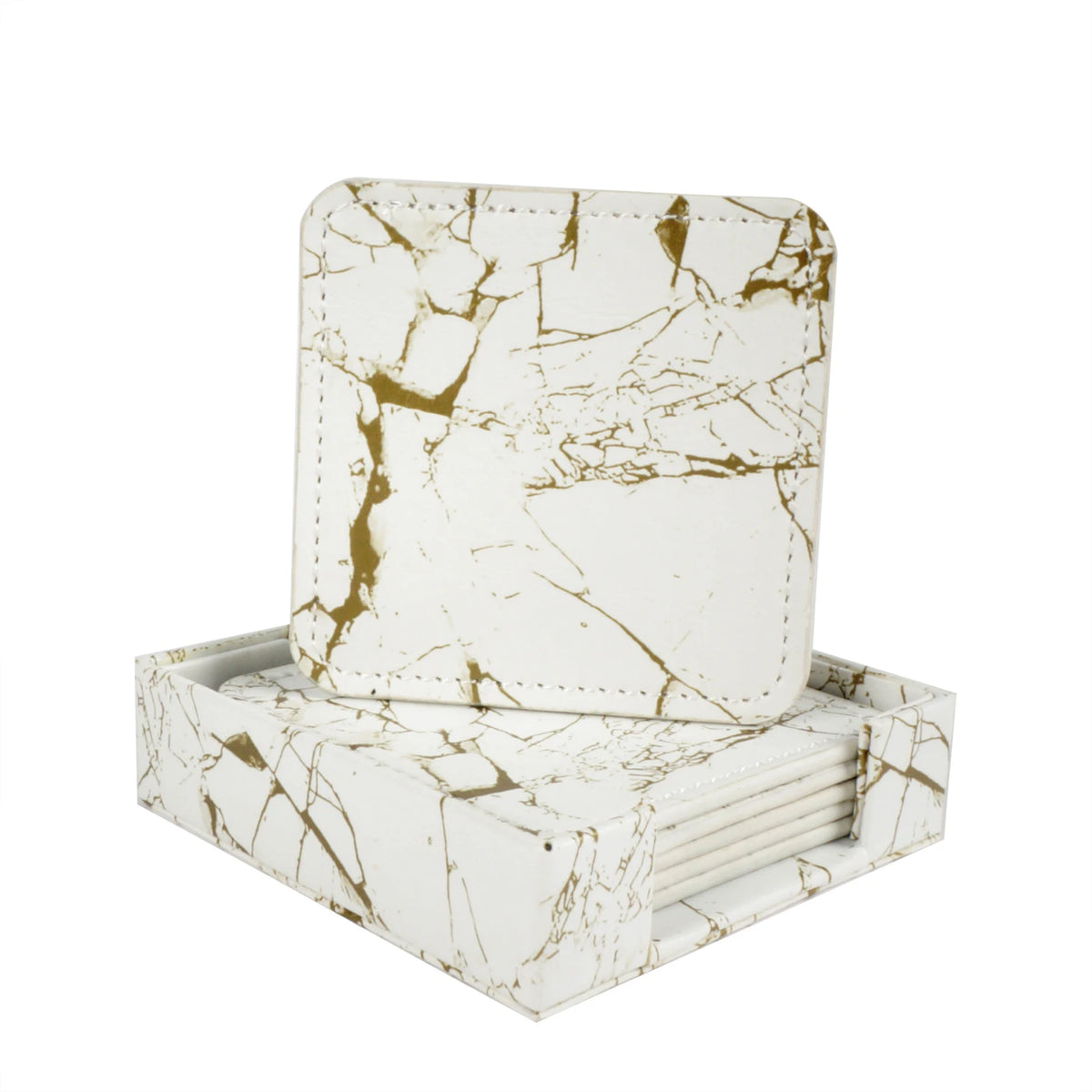 Un jeu de sous-verres élégants avec un motif de marbre blanc et doré créant un design moderne et sophistiqué.