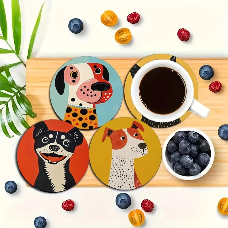 coasters bois orange noir blanc bleu rouges illustrations chiens géométriques 10cm