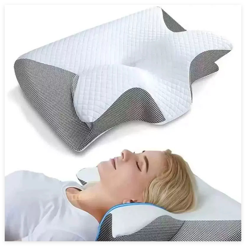 coussin ergonomique gris blanc mousse mémoire forme polyester respirant contouré couverture amovible lavable
