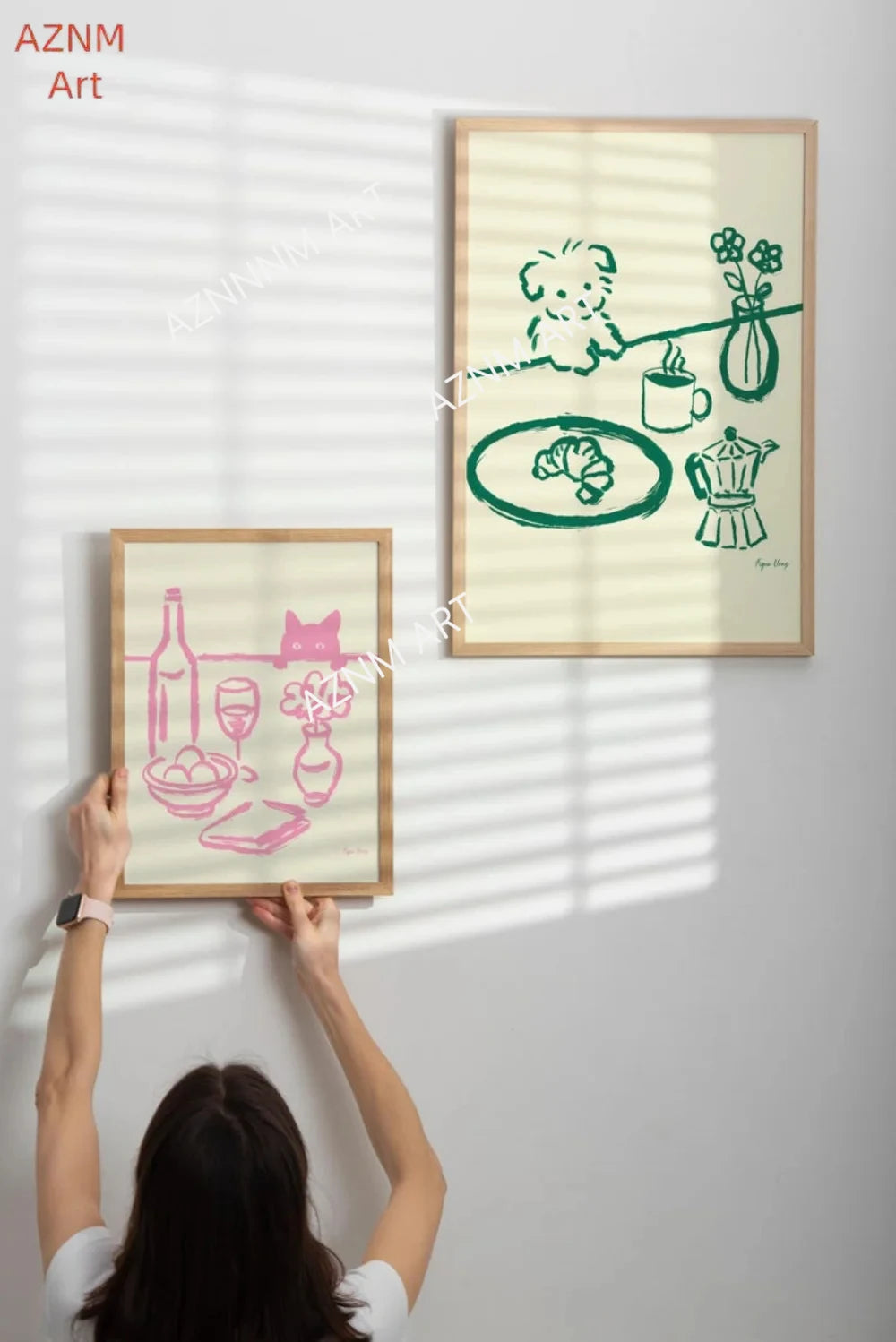 affiche minimaliste enfantin dessin animé simple lignes couleurs beige marron bleu vert rose toile