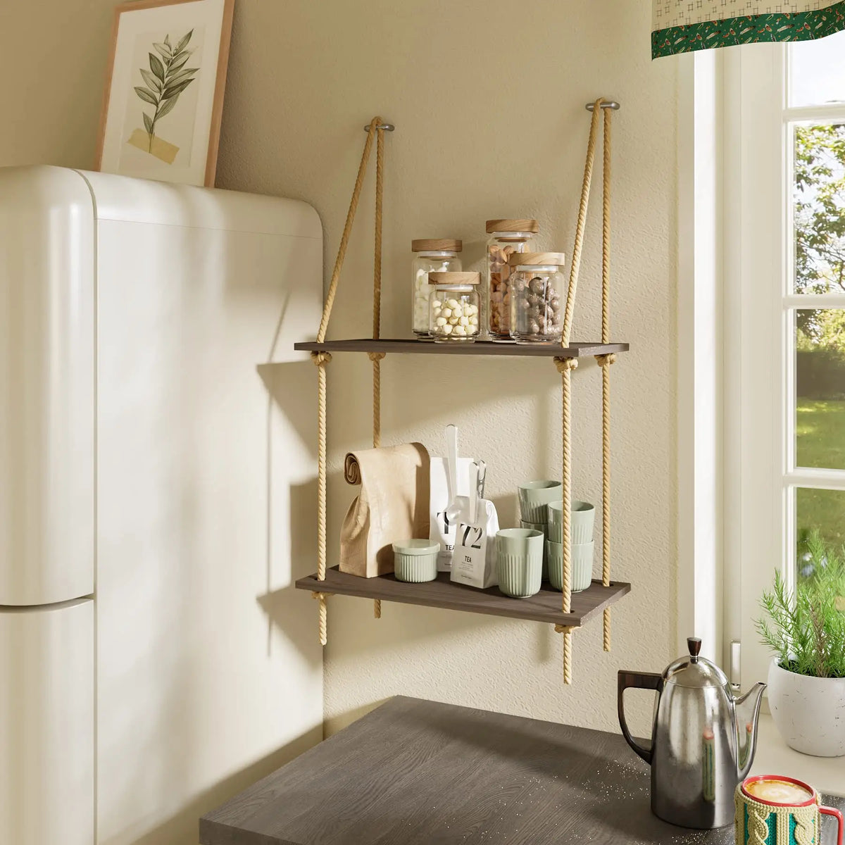 étagère murale suspendue bois marron corde tressée bohème moderne rangement plantes livres photo