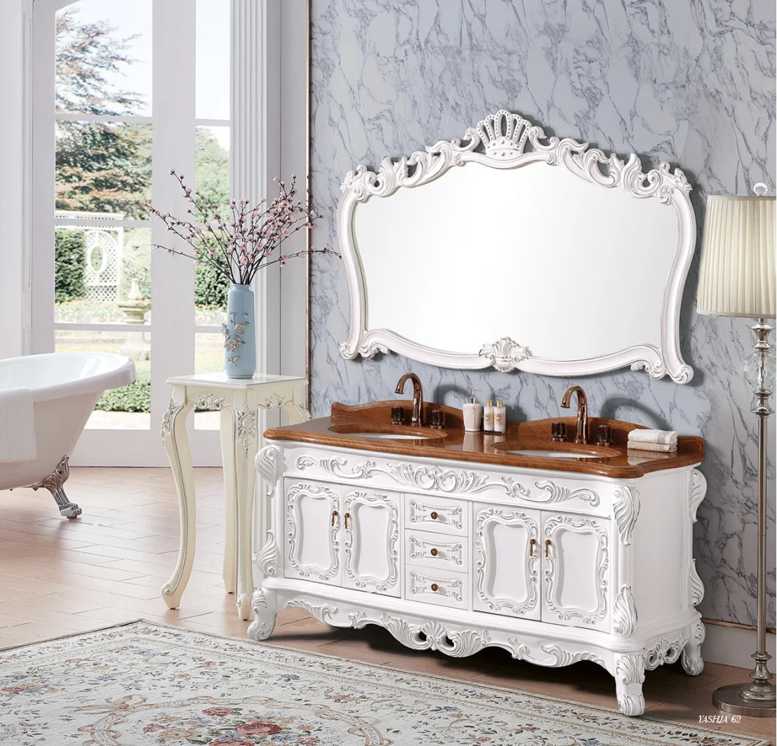 meuble salle bain double vasque blanc bois foncé ornements baroques texture bois classique deux