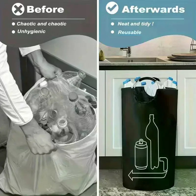 sac tri sélectif poubelle pliable noir graphique recyclage moderne minimaliste tissu texturé poignée métallique