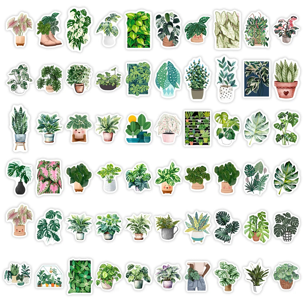 stickers plantes feuilles pots adhésifs illustration cartoon mignon DIY scrapbook décoration téléphone bagages portable