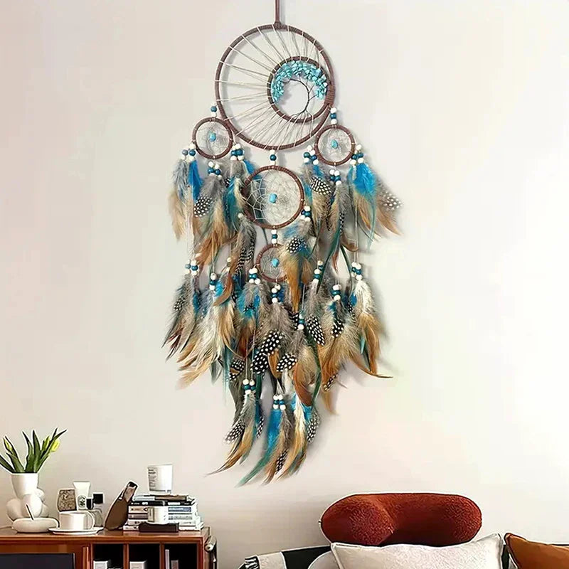 décoration intérieure attrape rêves traditionnel plumes fil bambou marron bleu blanc gris artisanal