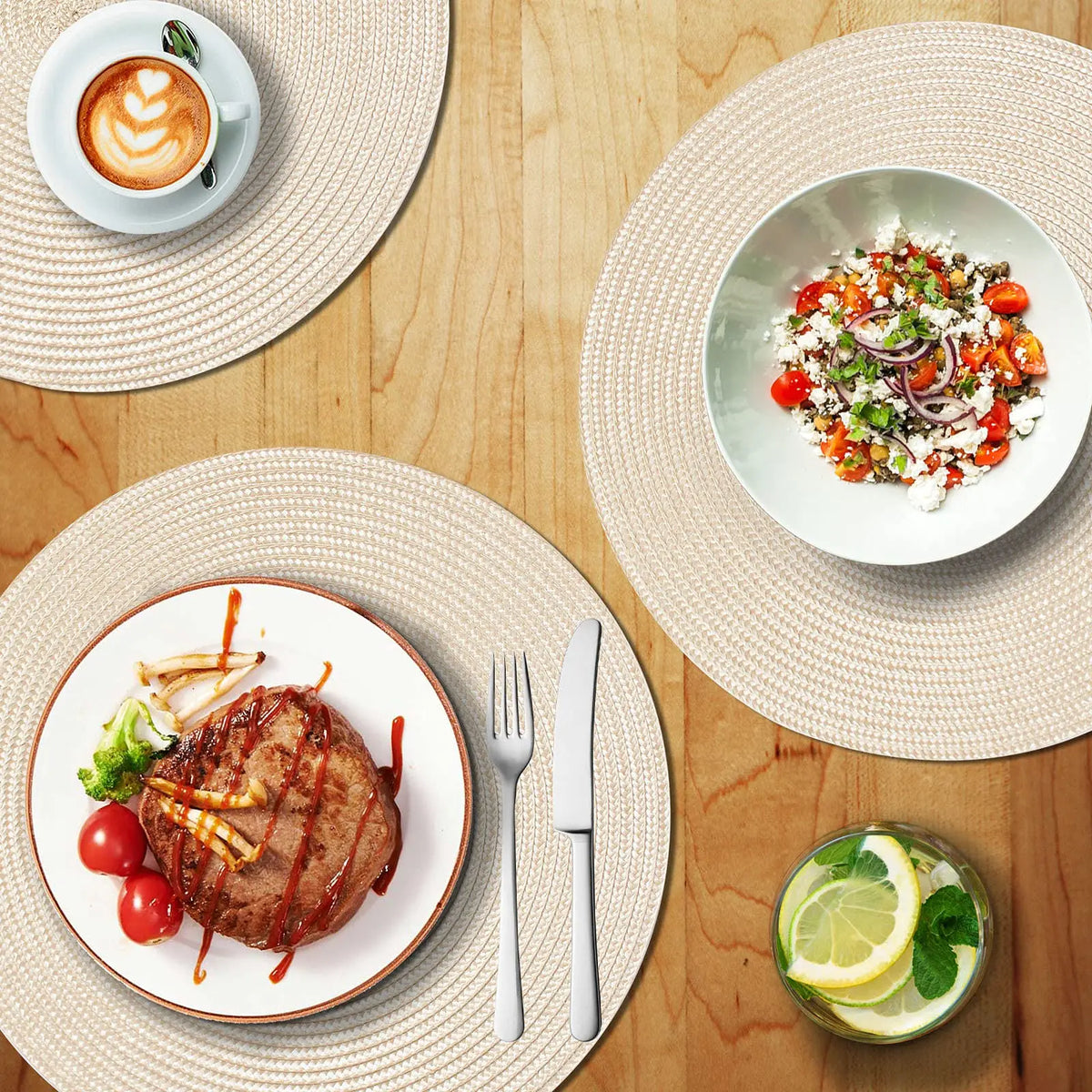 tapis table tissé spirale moderne orange rouge bleu beige placemat assiette cuillère verre