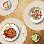 tapis table tissé spirale moderne orange rouge bleu beige placemat assiette cuillère verre
