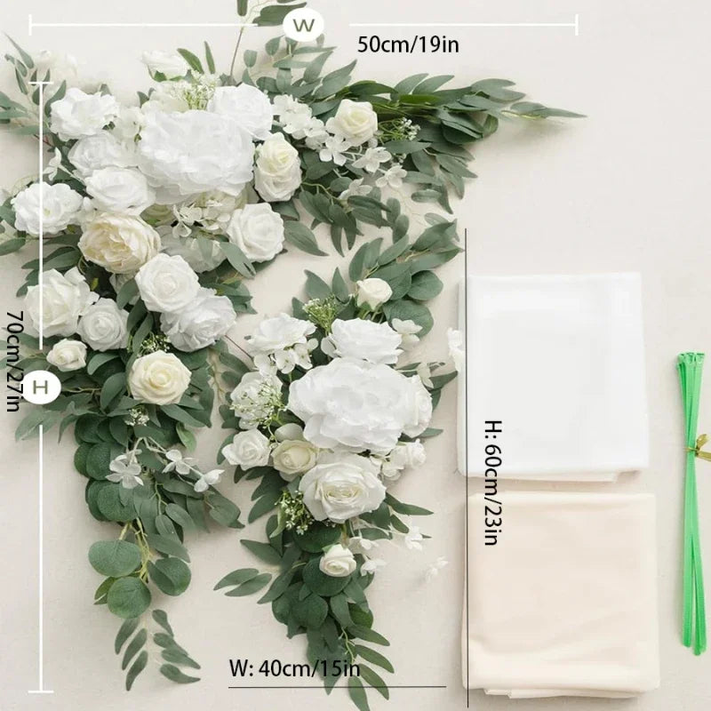 arche décorative fleurs artificielles blanc rose feuilles vertes tissu translucide décoration mariage anniversaire extérieur