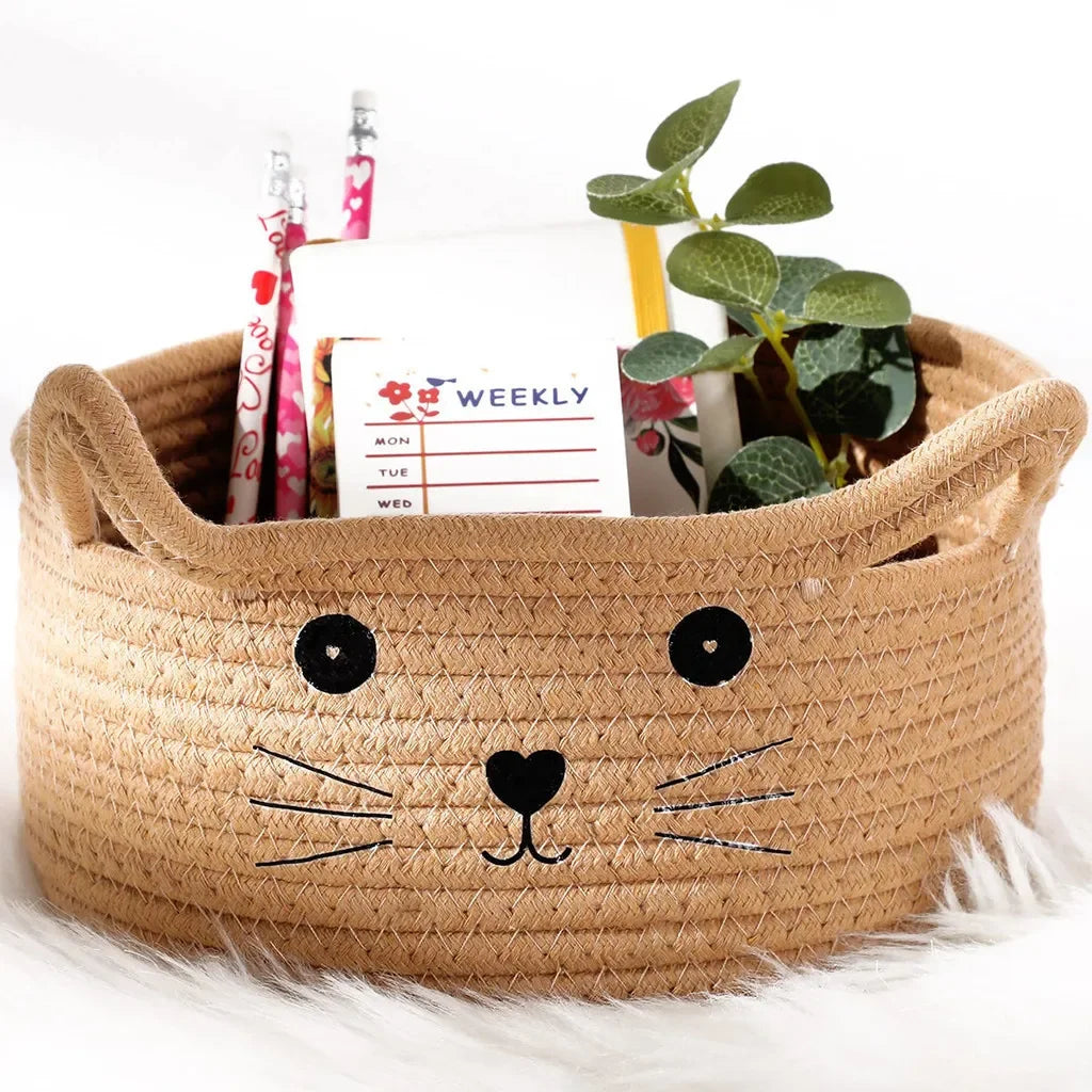 panier tissé rose blanc beiges motifs chats poignées rangement moderne