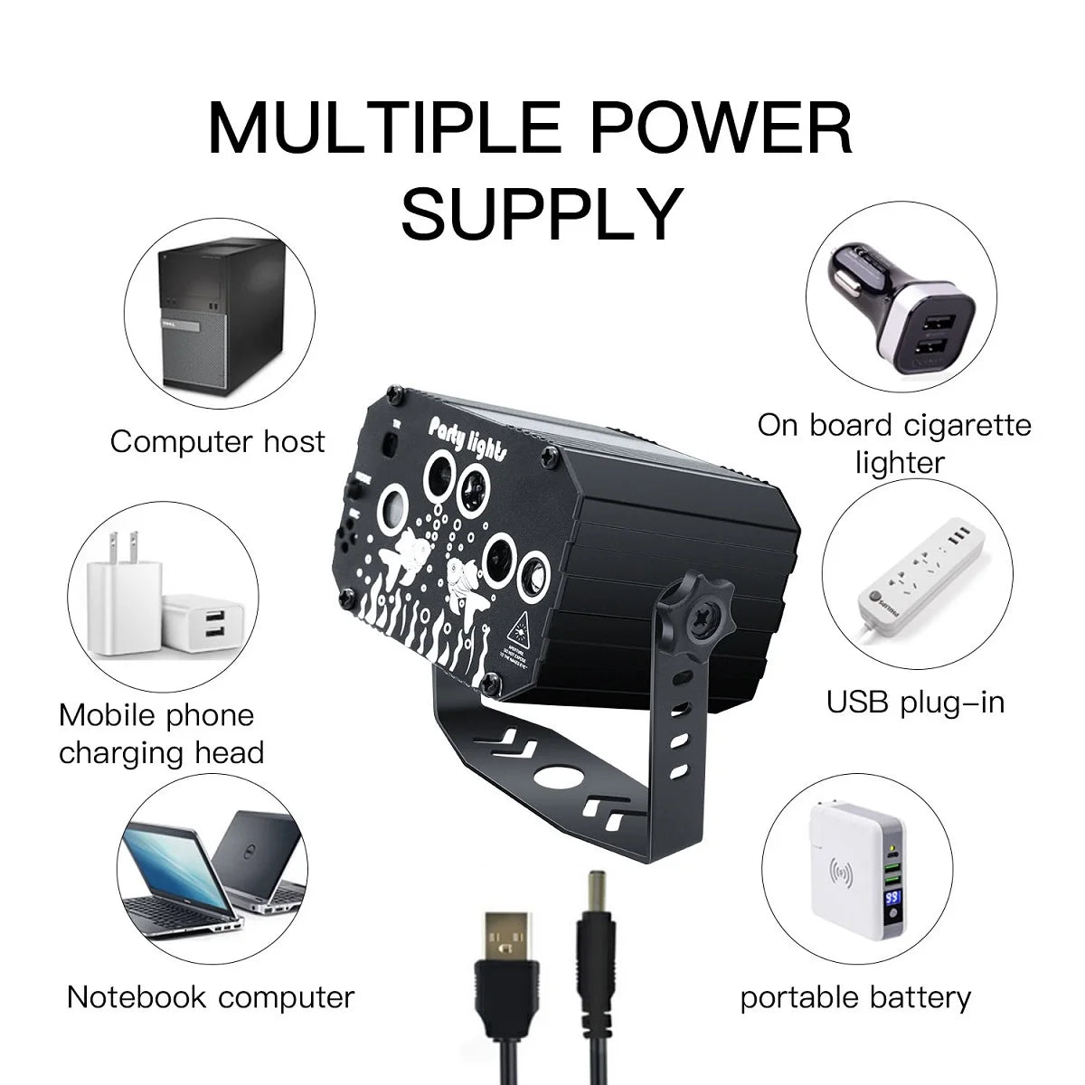 projecteur laser noir imprimé blanc moderne interrupteur modes capteur son ventilateur poignée fixations tringle
