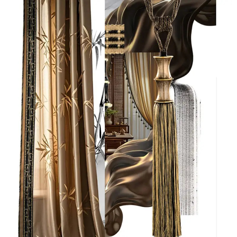 rideau vert beige marron broderie bambou franges classique traditionnel tassel translucent