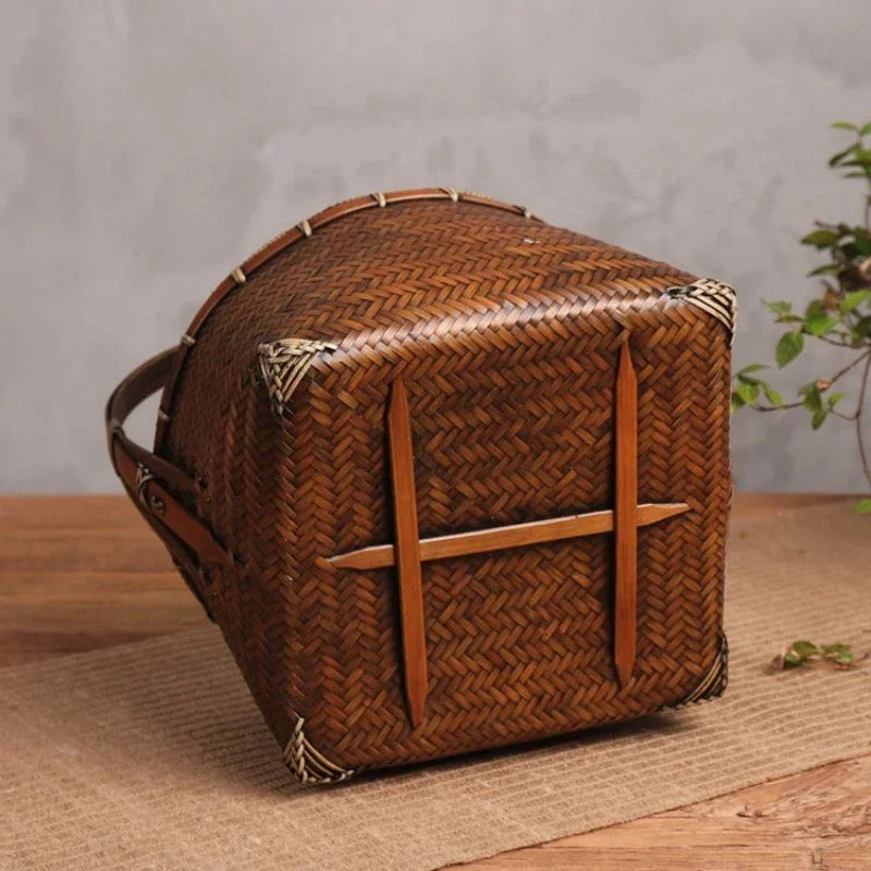 panier rangement tissé bambou marron traditionnel poignée bois rangement pique niqueextérieur thé