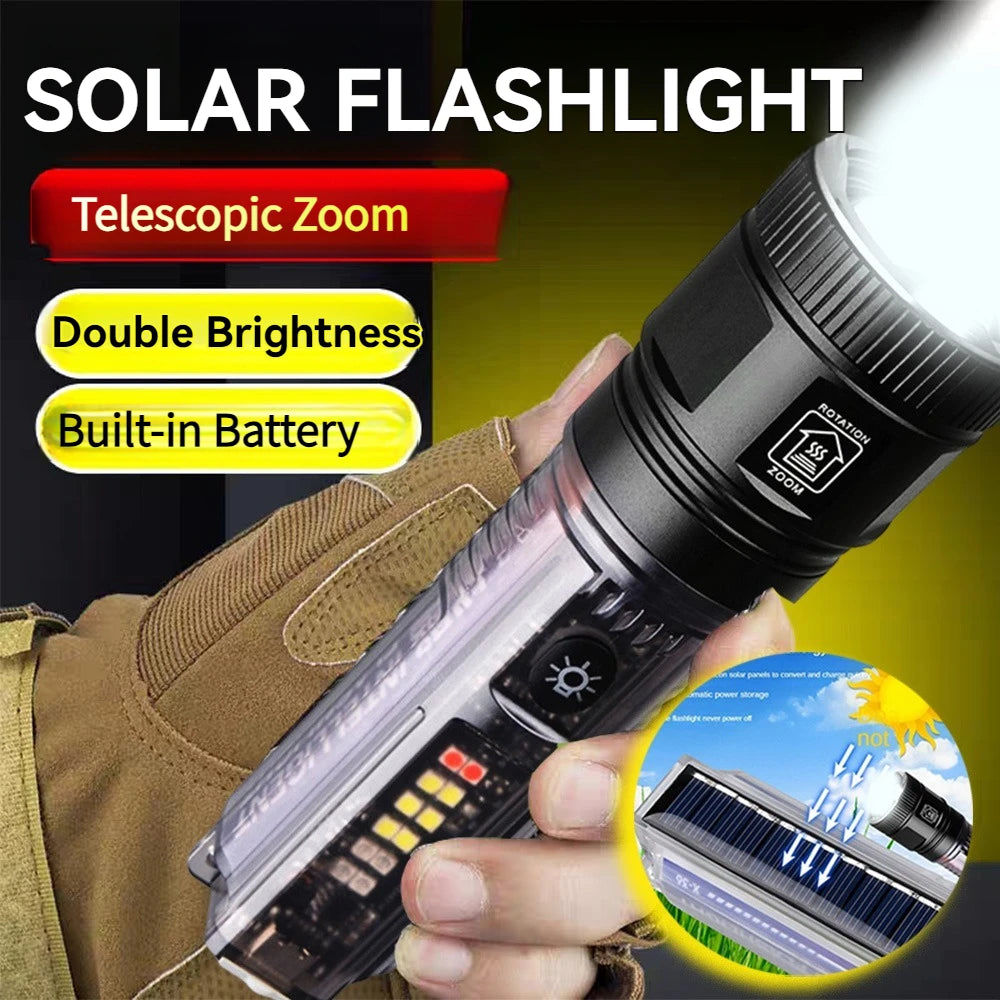 lampe torche led puissante rechargeable panneau solaire intégré lumière intense résistante chocs auto défense