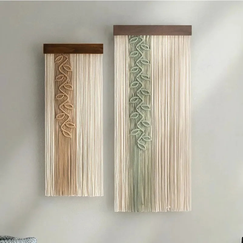rideau corde motif feuilles moderne beige vert clair artisanal opacité