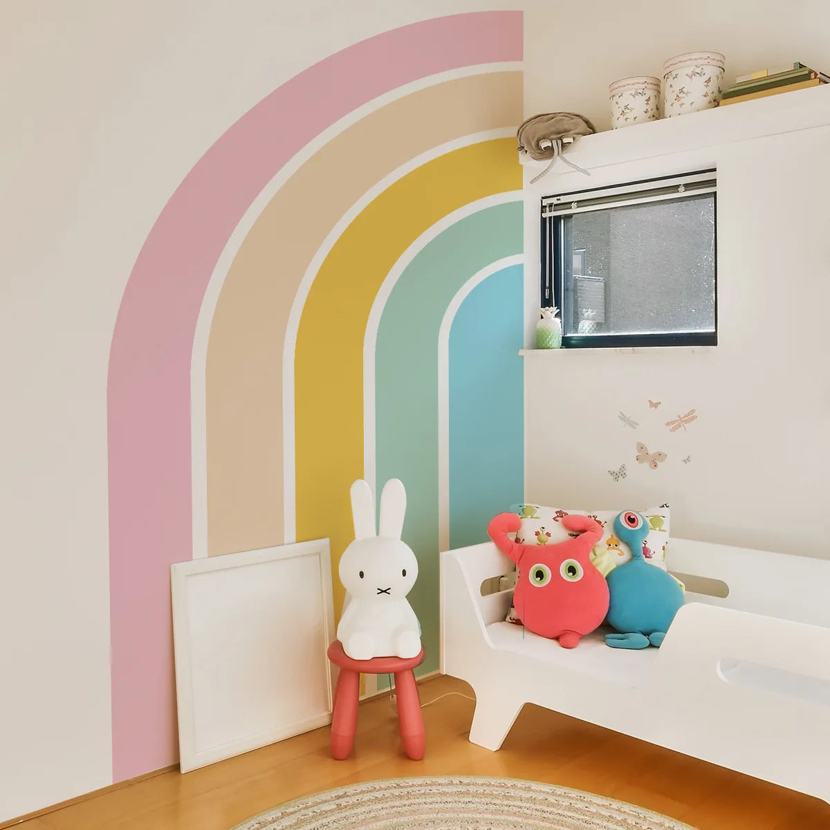 sticker mural arc ciel aquarelle moderne enfants rose jaune vert bleu pvc adhésif chambre