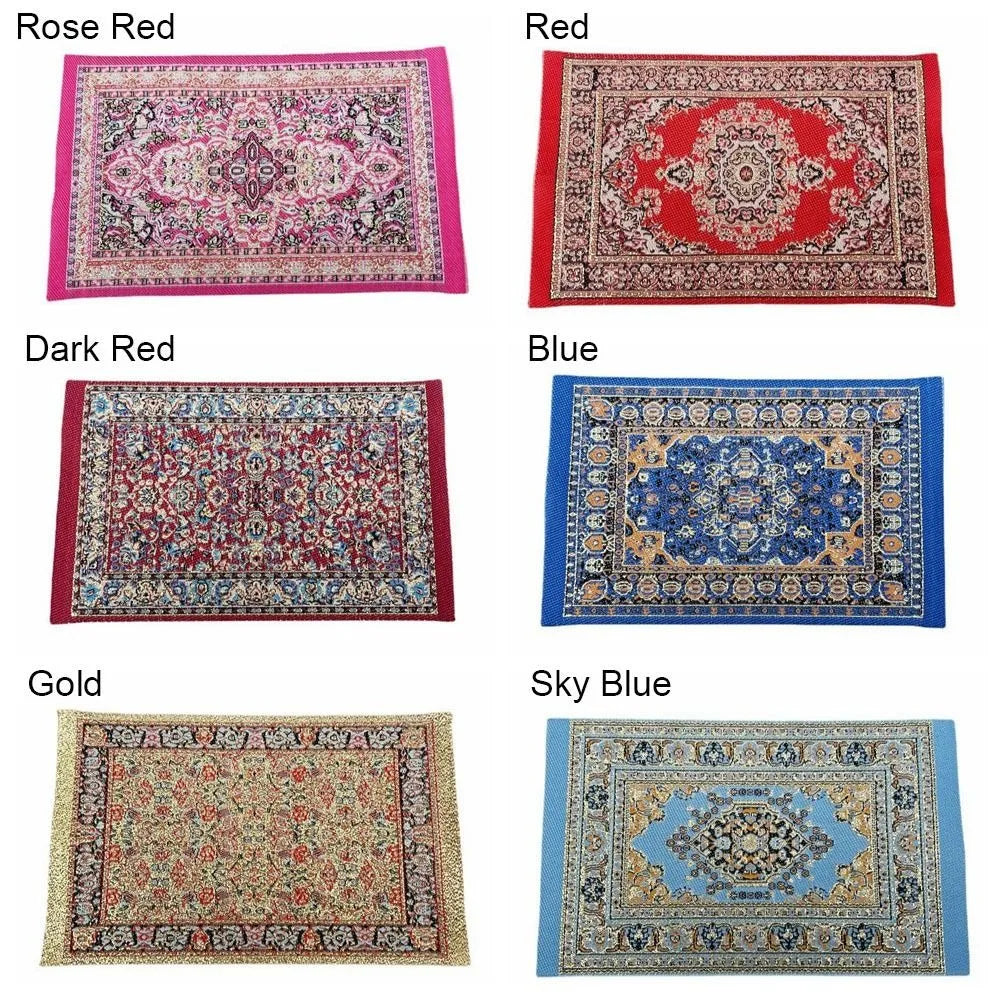 tapis traditionnel orné franges rose rouge bleu doré ciel bleu classique 10x17cm