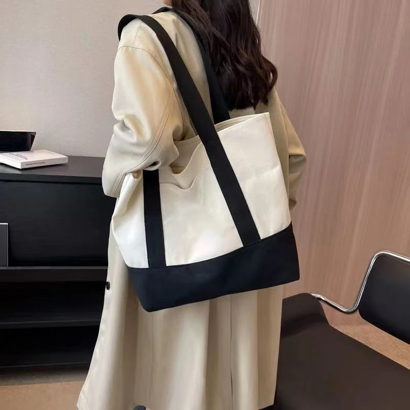 sac main toile beige uni casual bandoulière poches réutilisable grande capacité