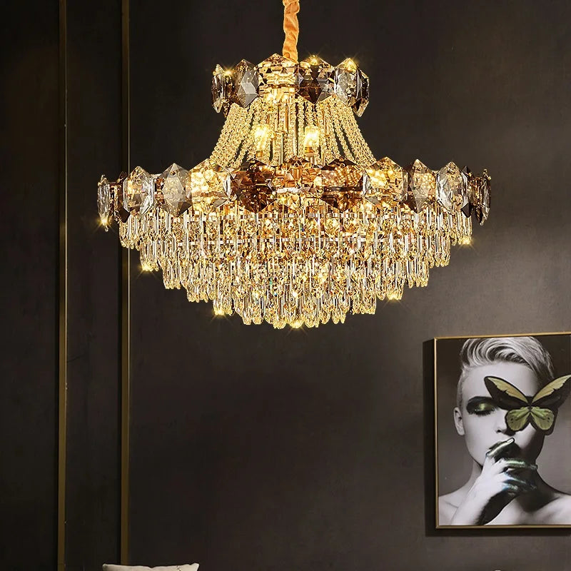 lustre cristal doré moderne grand salon salle manger luxe élégant suspension intérieur