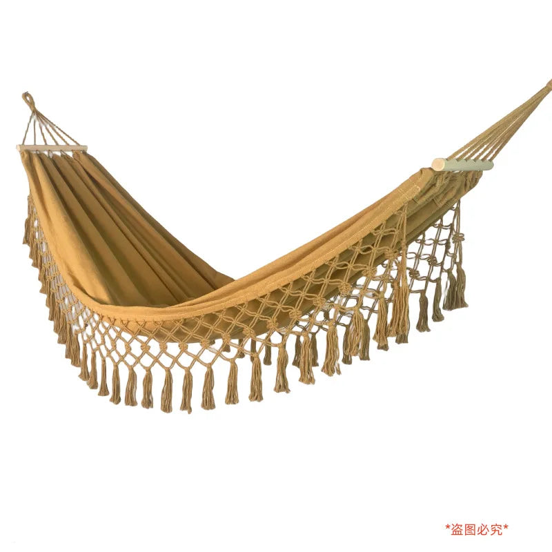 hamac vert turquoise tissu uni franges bohème fixations bois sac rangement