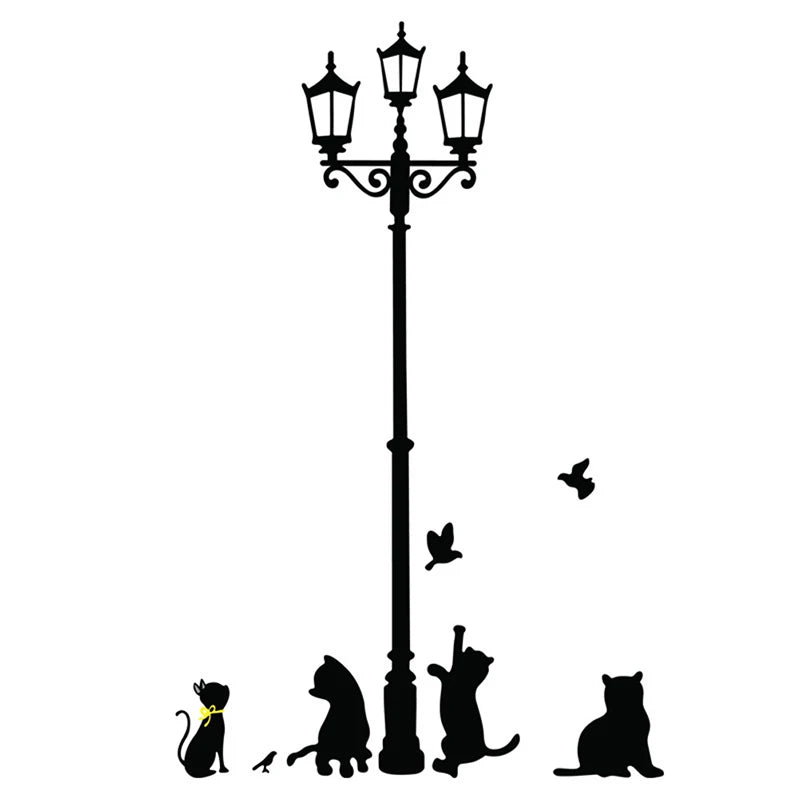 sticker mural noir silhouettes chats oiseaux lampe perron adhésif artisteintérieur decoration opacite creative animated