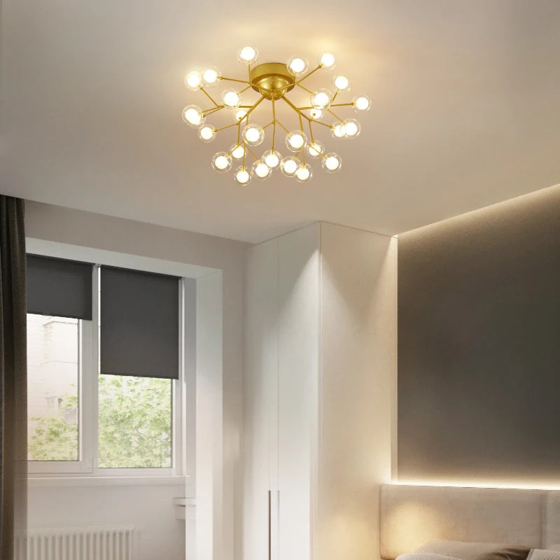 Suspension moderne or boules translucides 54 ampoules led grande taille chambre salon