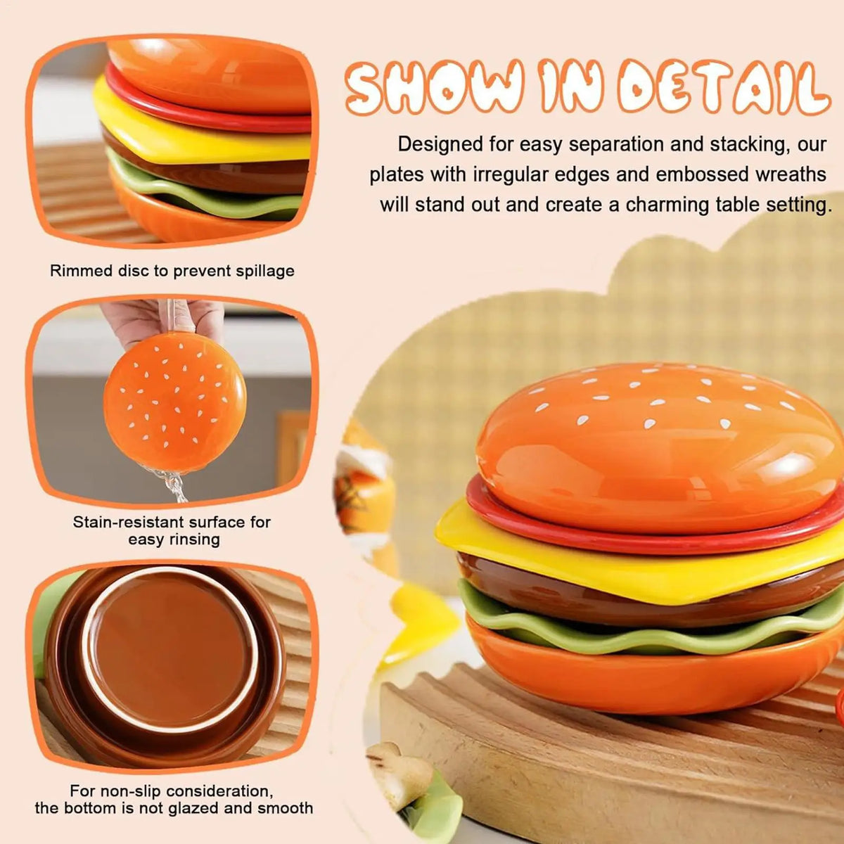 assiettes hamburger couleur fruit rondelles fromage viande sauce garniture enfant créatif humoristique table festive