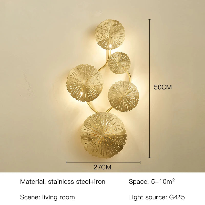 Applique murale dorée feuilles stylisées éclairage contemporain ampoules LED cuisine chambre coucher entrée