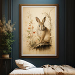 Une magnifique illustration représentant un lapin assis sur une branche, entouré de fleurs et de verdure, dans un style pictural délicat et raffiné.