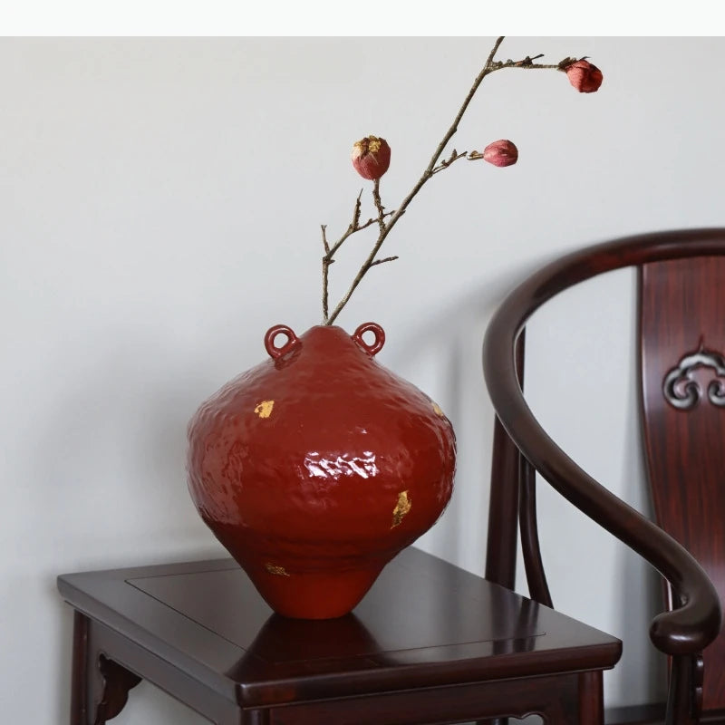vases décoratifs modernes rouge doré texture ondulée feuille or hydroponique fleurs séchées