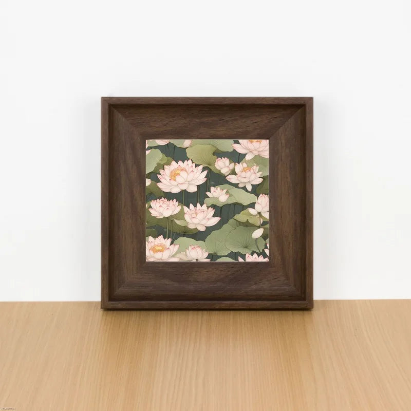 cadre photo carré résine moderne fleurs lotus bois marron foncé blanc decoration maison 10x10cm