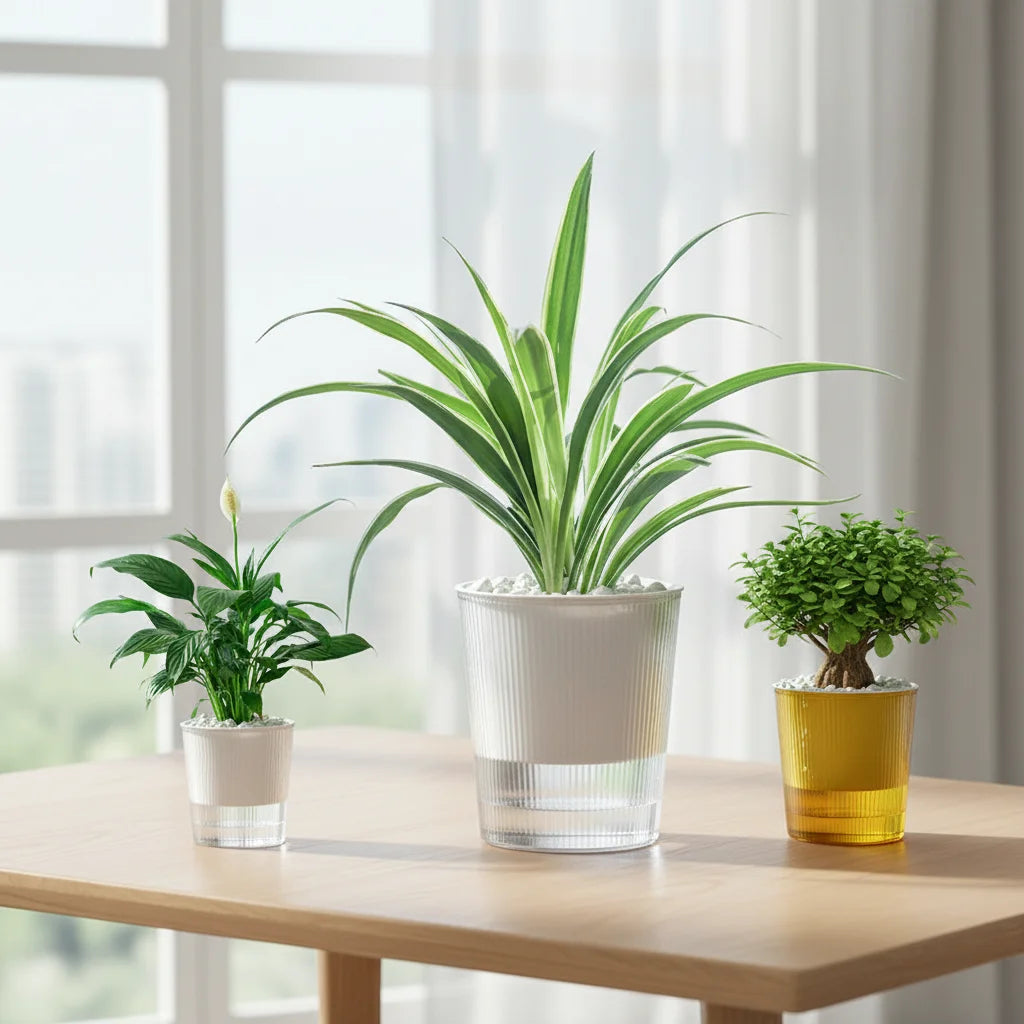 pots plantes auto arrosants résine translucide couleurs blanc vert jaune nervures vintage