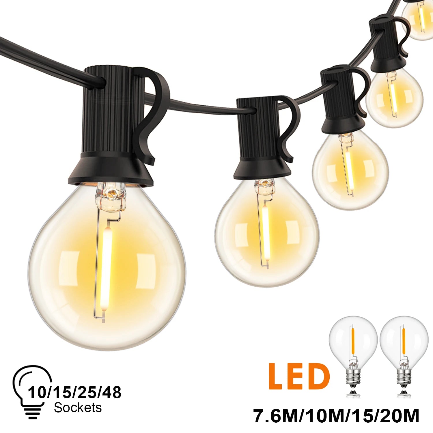 Guirlande lumineuse G40 vintage suspendue dans un jardin creant une ambiance feerique