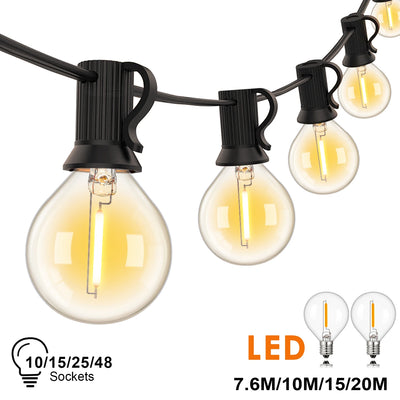 Guirlande lumineuse G40 vintage suspendue dans un jardin creant une ambiance feerique