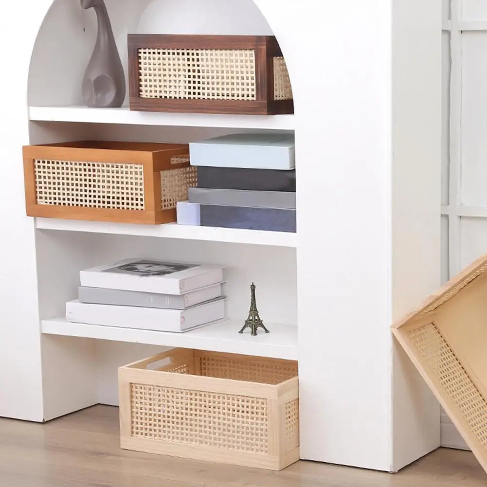 paniers rangement bois tressé brun foncé poignées rangement organisation respectueux environnement