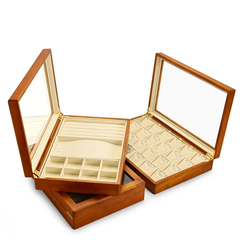 boîte bijoux bois marron clair intérieur beige simili cuir rangement display stackable organizer anneaux
