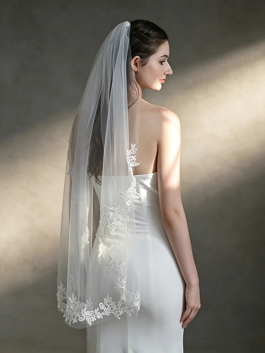 voile mariée blanc broderie florale monocouche translucide classique dentelle polyester