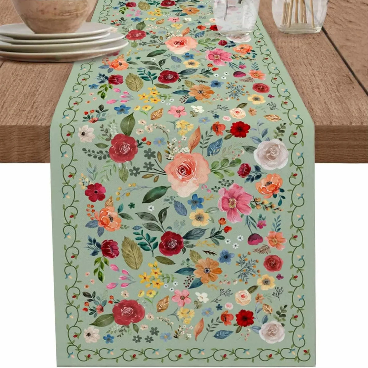table cheminement lin fleurs vertes printemps moderne bordure florale chambre vertclair