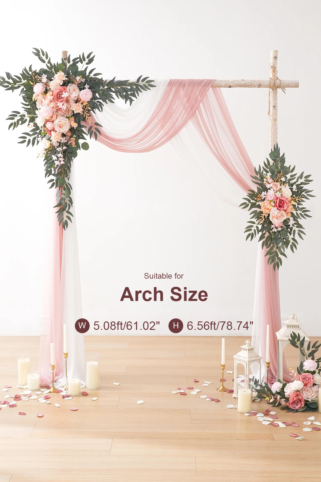 arche décorative romantique fleurs roses feuilles vert tissu blanc transparent événement cascade fixations