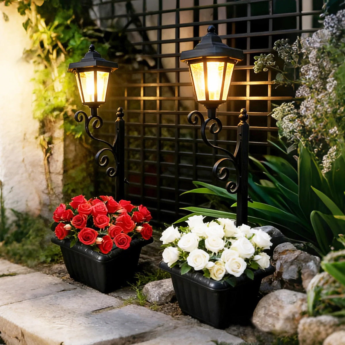 lampe solaire classique métal forgé pot fleurs noir extérieur ambiance jardin led 12v 6w